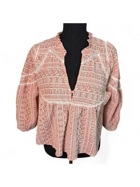 Zara Pink with White Embroidery Cotton Poet Blouse size XS